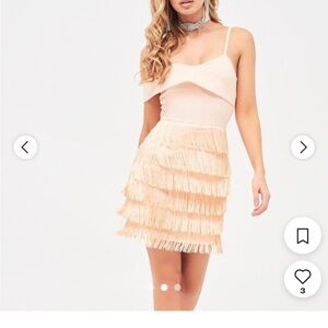 Pink Lavish Alice fringe cocktail dress with asymmetrical off-shoulder sleeve
